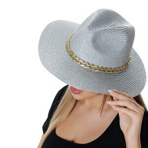 Silver Shimmering Straw Hat Fedora NWT for Women